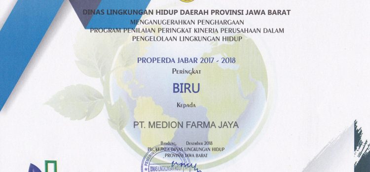 PT Medion Farma Jaya Meraih Peringkat Biru dalam Properda Jawa Barat 2017-2018